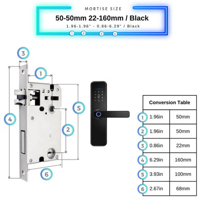 Smart Door Lock - 50-50mm (22x160mm) / Black - Smart Wi-Fi Door Lock
