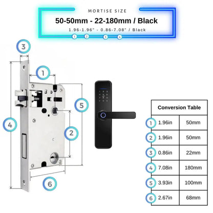 Smart Door Lock - 50-50mm (22x180mm) / Black - Smart Wi-Fi Door Lock