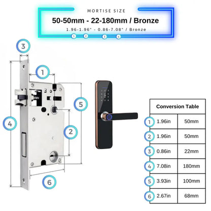 Smart Door Lock - 50-50mm (22x180mm) / Bronze - Smart Wi-Fi Door Lock