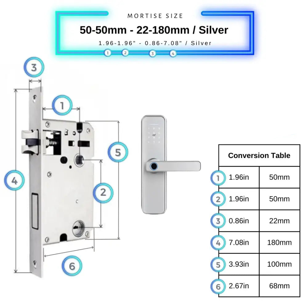 Smart Door Lock - 50-50mm (22x180mm) / Silver - Smart Wi-Fi Door Lock