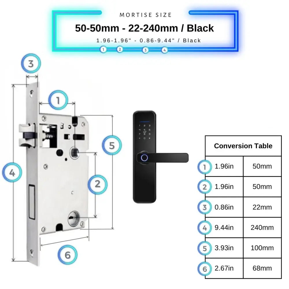 Smart Door Lock - 50-50mm (22x240mm) / Black - Smart Wi-Fi Door Lock