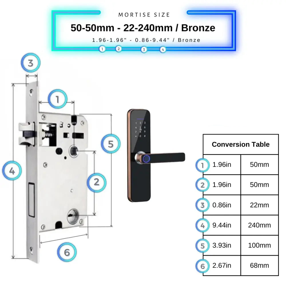 Smart Door Lock - 50-50mm (22x240mm) / Bronze - Smart Wi-Fi Door Lock