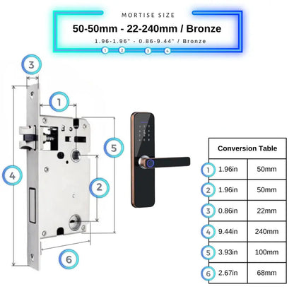 Smart Door Lock - 50-50mm (22x240mm) / Bronze - Smart Wi-Fi Door Lock
