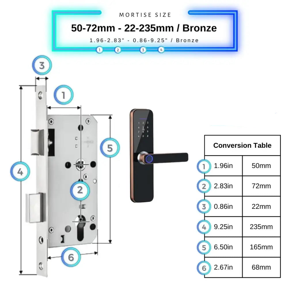 Smart Door Lock - 50-72mm (22x235mm) / Bronze - Smart Wi-Fi Door Lock