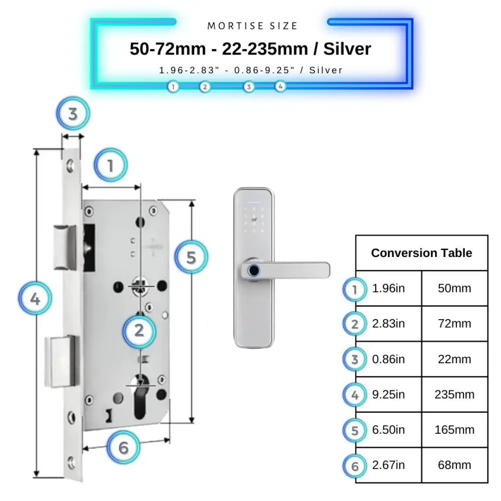 Smart Door Lock - 50-72mm (22x235mm) / Silver - Smart Wi-Fi Door Lock