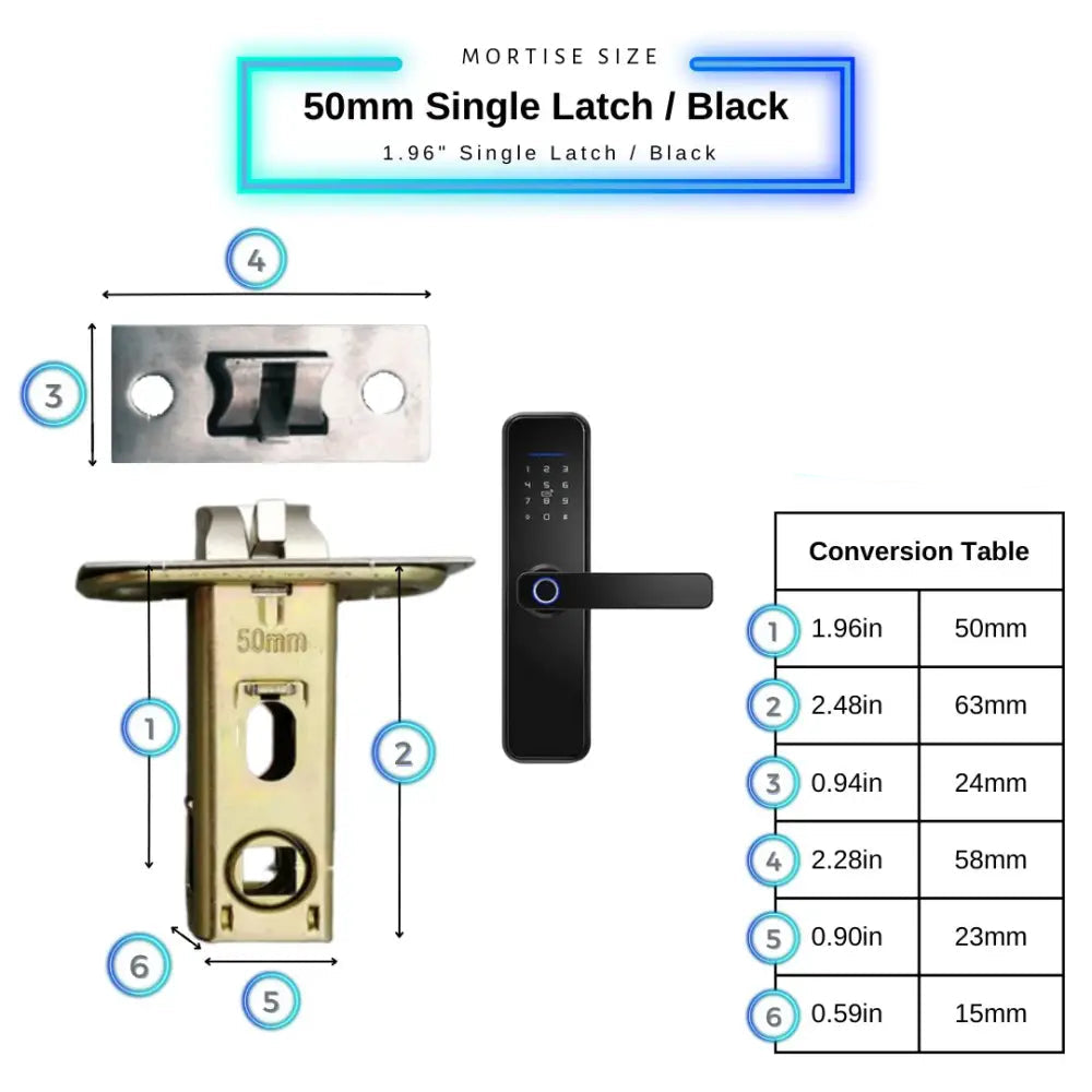 Smart Door Lock - 50mm Single Latch / Black - Smart Wi-Fi Door Lock