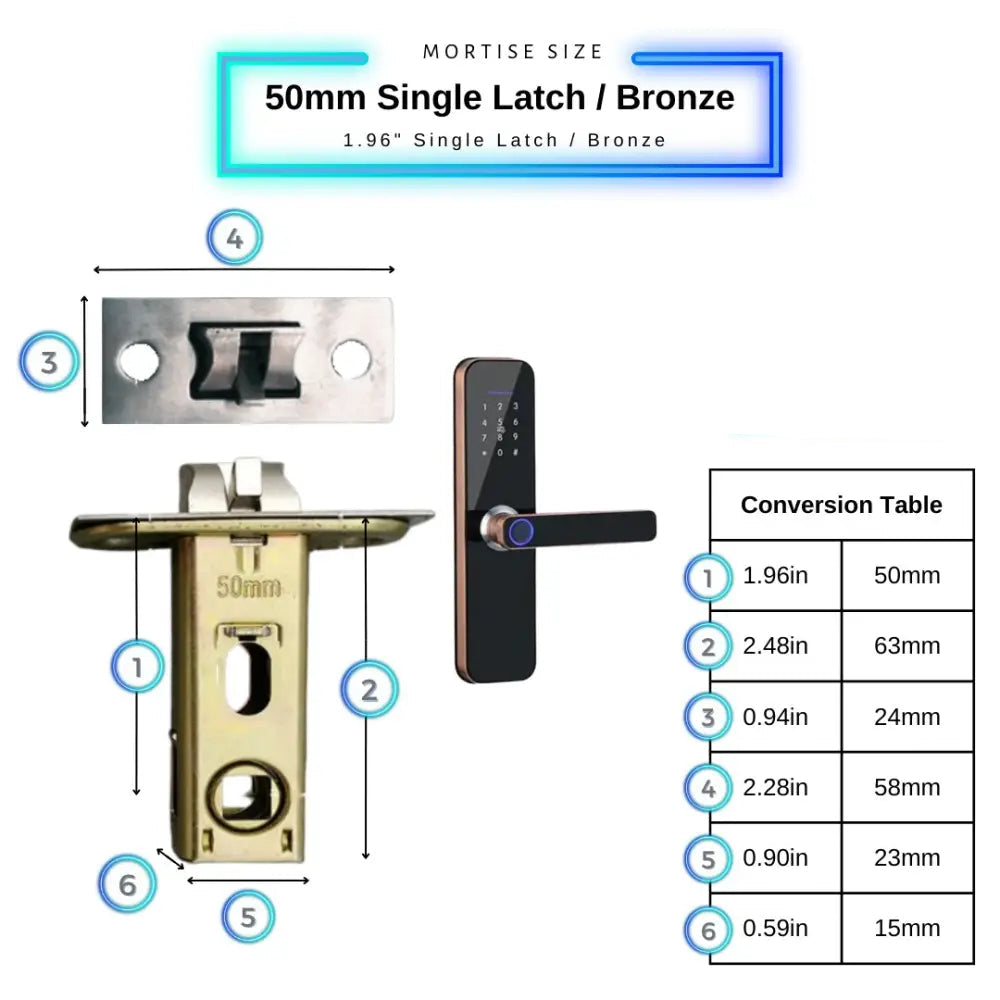 Smart Door Lock - 50mm Single Latch / Bronze - Smart Wi-Fi Door Lock