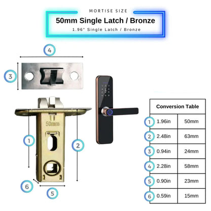 Smart Door Lock - 50mm Single Latch / Bronze - Smart Wi-Fi Door Lock