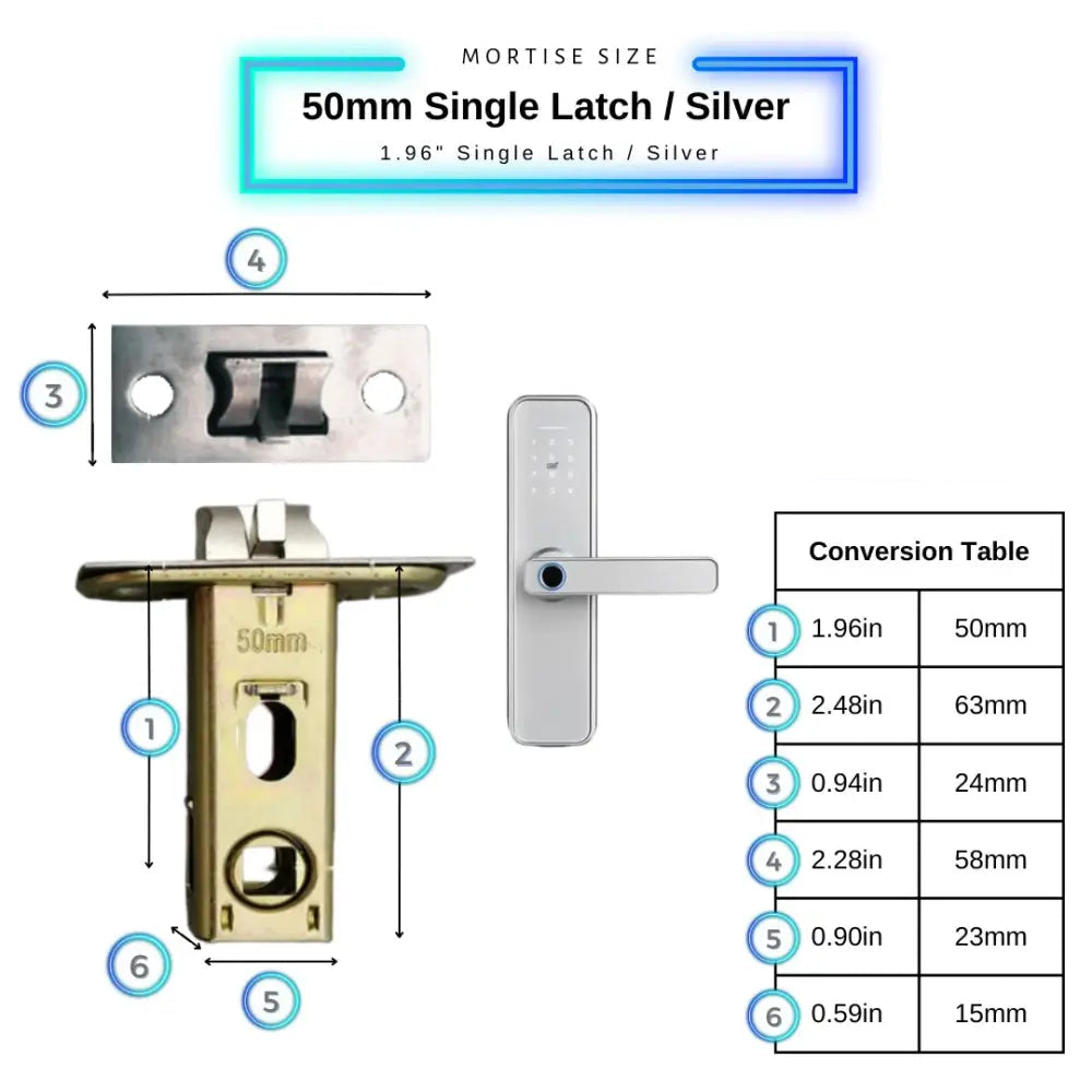 Smart Door Lock - 50mm Single Latch / Silver - Smart Wi-Fi Door Lock
