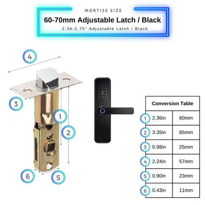 Smart Door Lock - 60-70mm Adjustable / Black - Smart Wi-Fi Door Lock