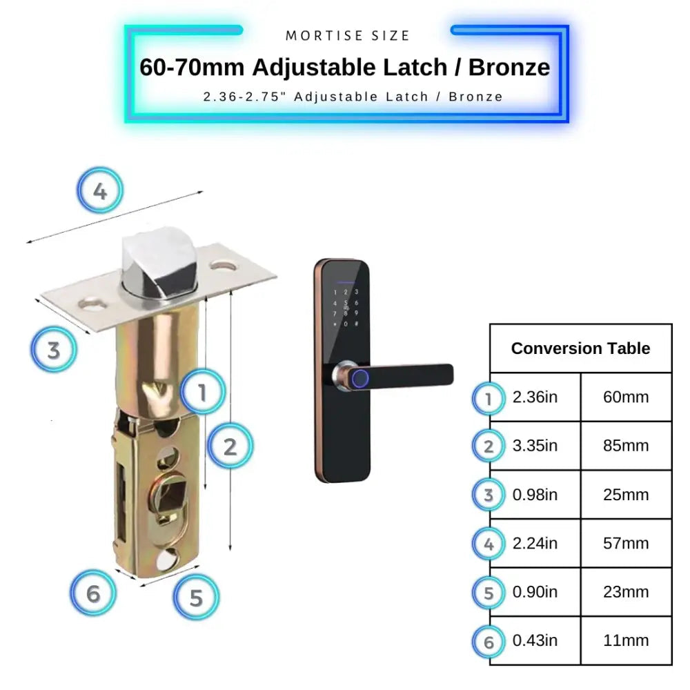Smart Door Lock - 60-70mm Adjustable / Bronze - Smart Wi-Fi Door Lock
