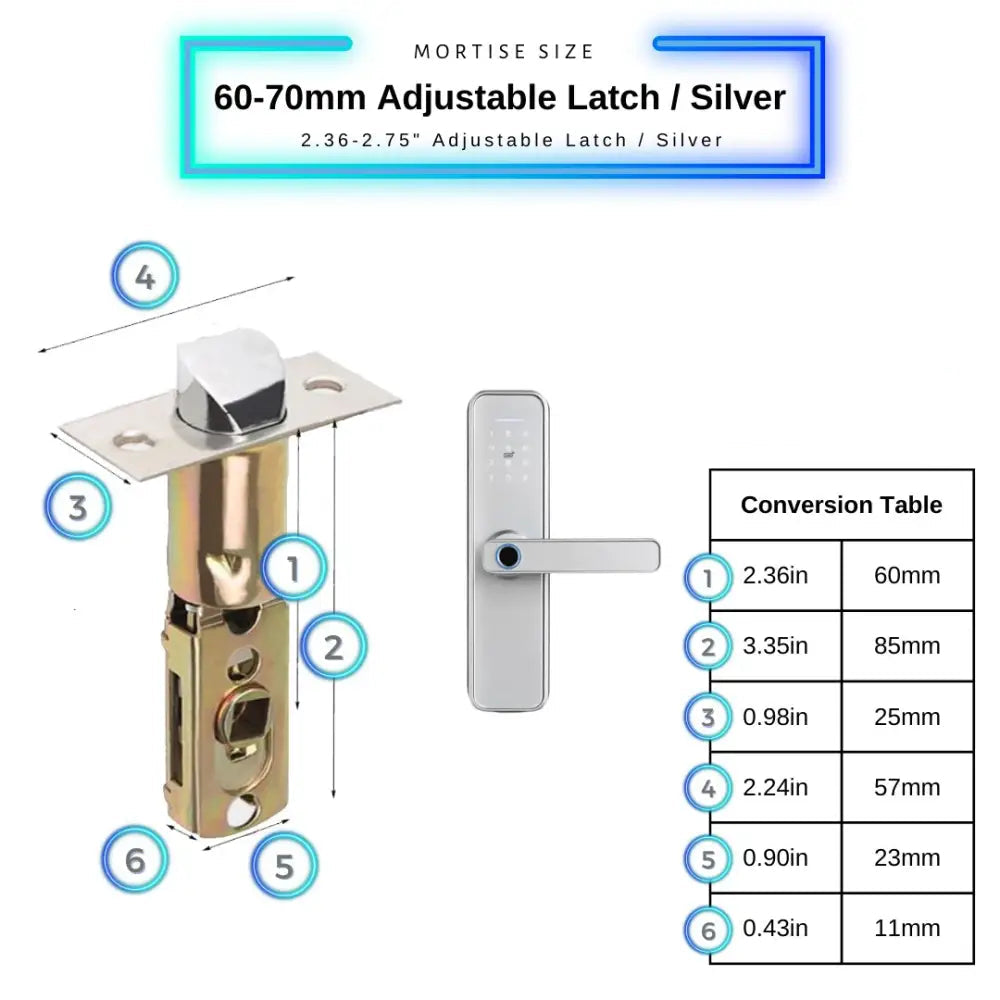 Smart Door Lock - 60-70mm Adjustable / Silver - Smart Wi-Fi Door Lock