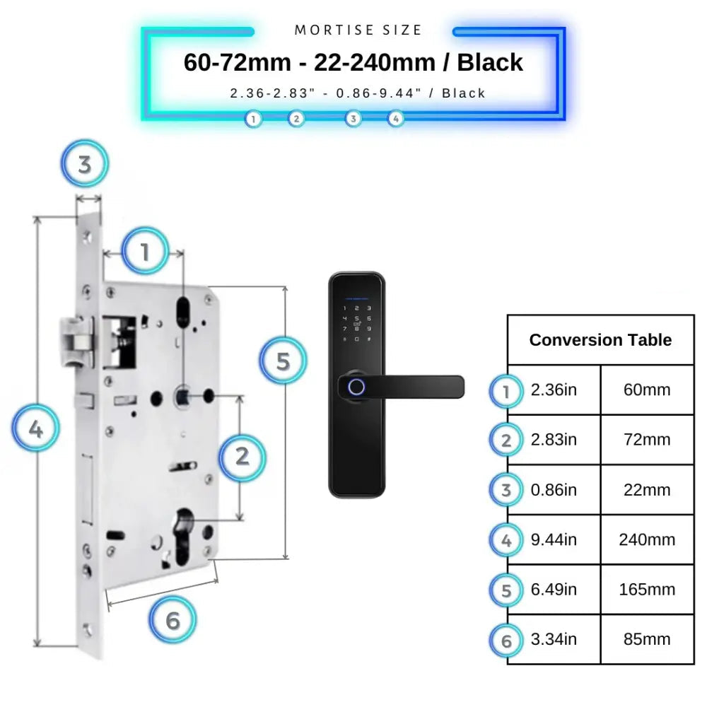 Smart Door Lock - 60-72mm (22x240mm) / Black - Smart Wi-Fi Door Lock