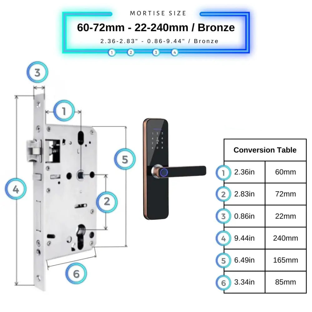 Smart Door Lock - 60-72mm (22x240mm) / Bronze - Smart Wi-Fi Door Lock