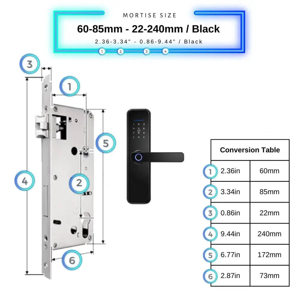 Smart Door Lock - 60-85mm (22x240mm) / Black - Smart Wi-Fi Door Lock