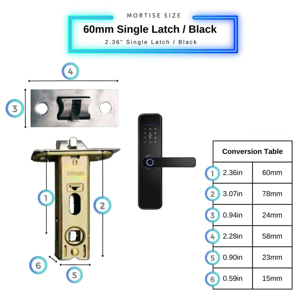 Smart Door Lock - 60mm Single Latch / Black - Smart Wi-Fi Door Lock