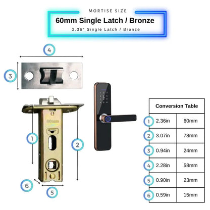 Smart Door Lock - 60mm Single Latch / Bronze - Smart Wi-Fi Door Lock