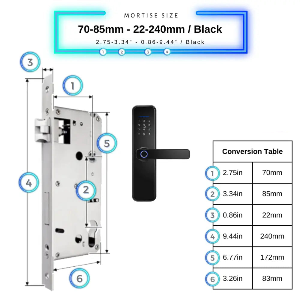 Smart Door Lock - 70-85mm (22x240mm) / Black - Smart Wi-Fi Door Lock