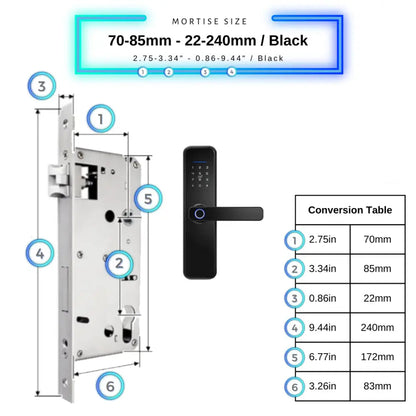 Smart Door Lock - 70-85mm (22x240mm) / Black - Smart Wi-Fi Door Lock