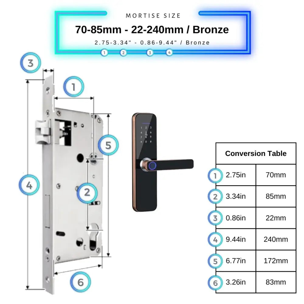 Smart Door Lock - 70-85mm (22x240mm) / Bronze - Smart Wi-Fi Door Lock