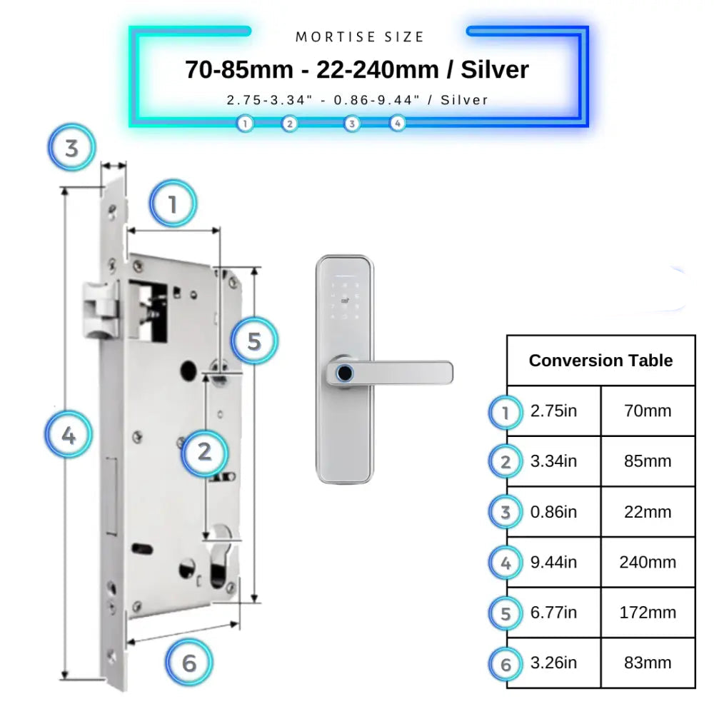 Smart Door Lock - 70-85mm (22x240mm) / Silver - Smart Wi-Fi Door Lock