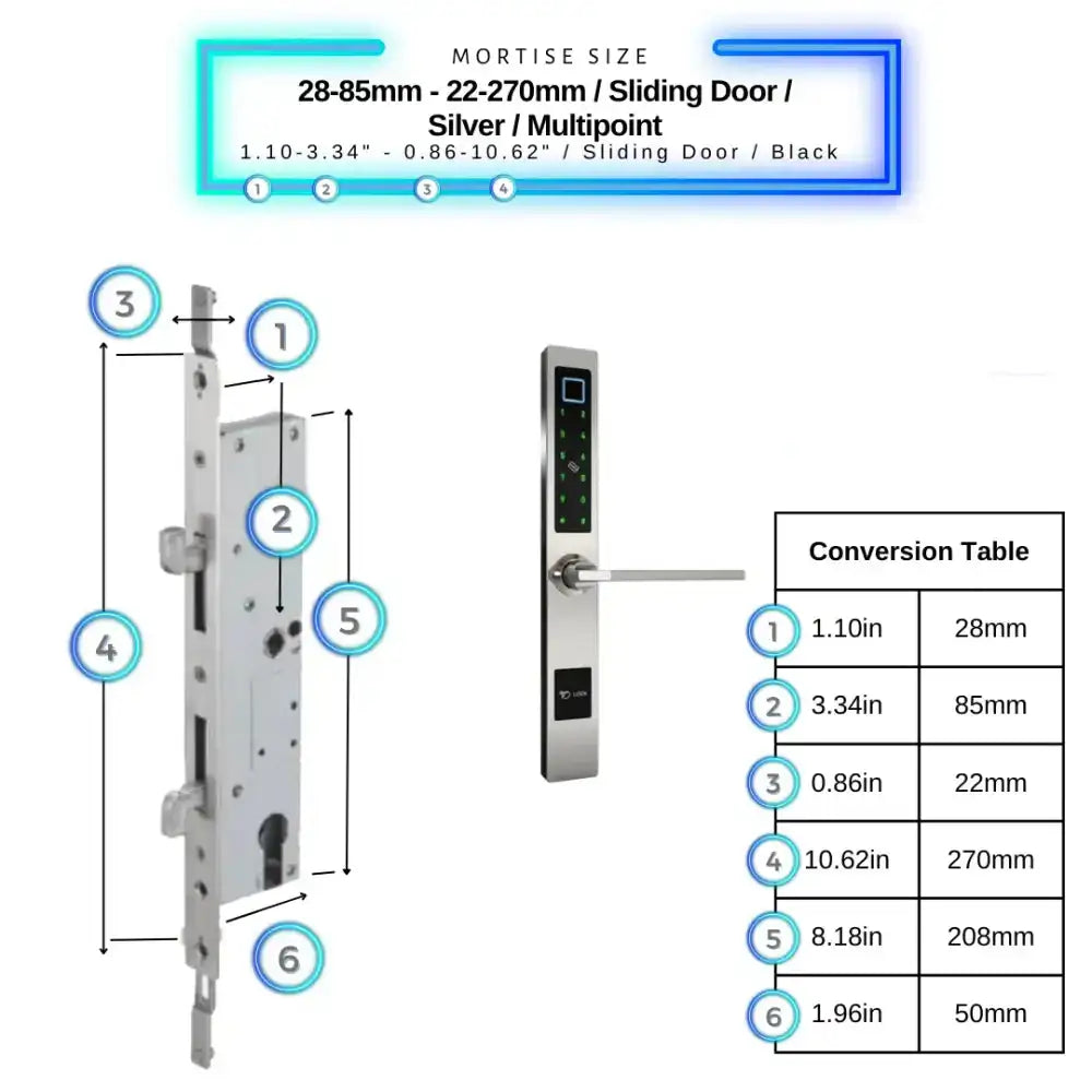 Smart Door Lock Sleek - 28-85mm (22x270mm) Sliding Door Multipoint / Silver - Smart Lock