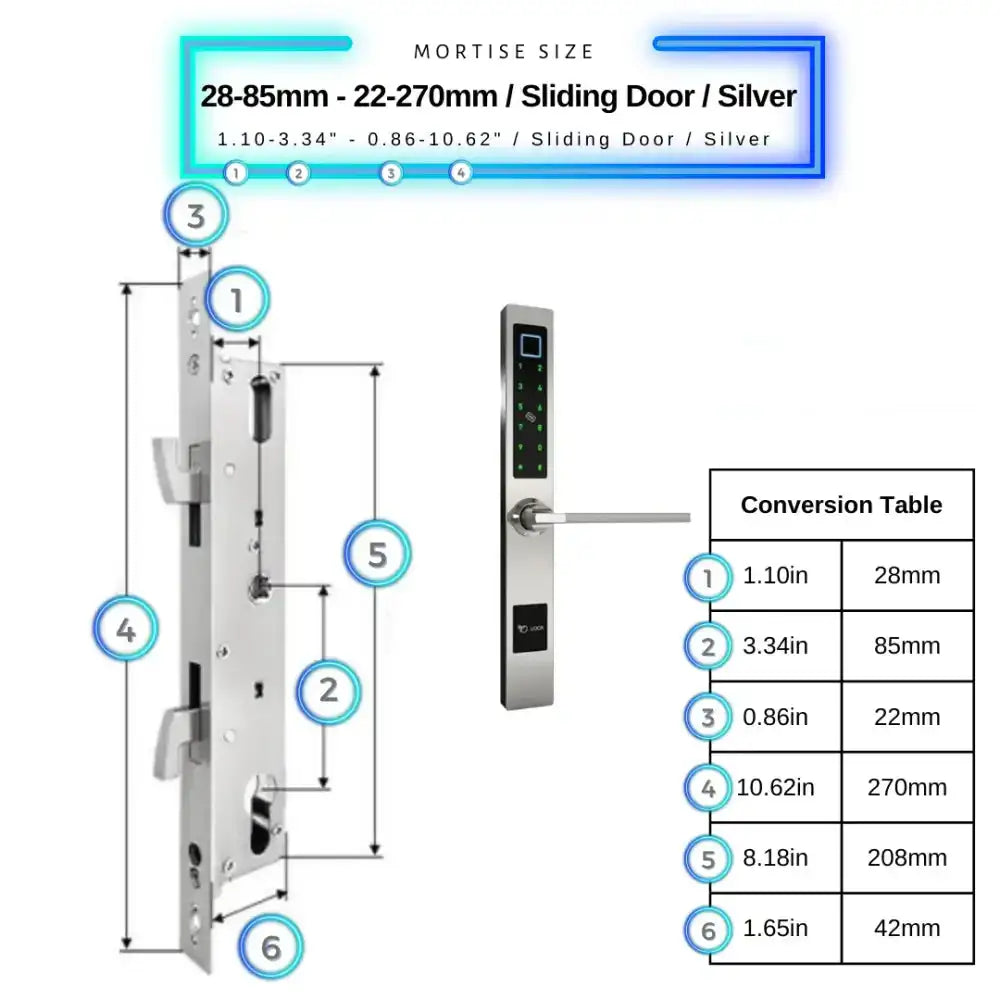 Smart Door Lock Sleek - 28-85mm (22x270mm) Sliding Door / Silver - Smart Lock