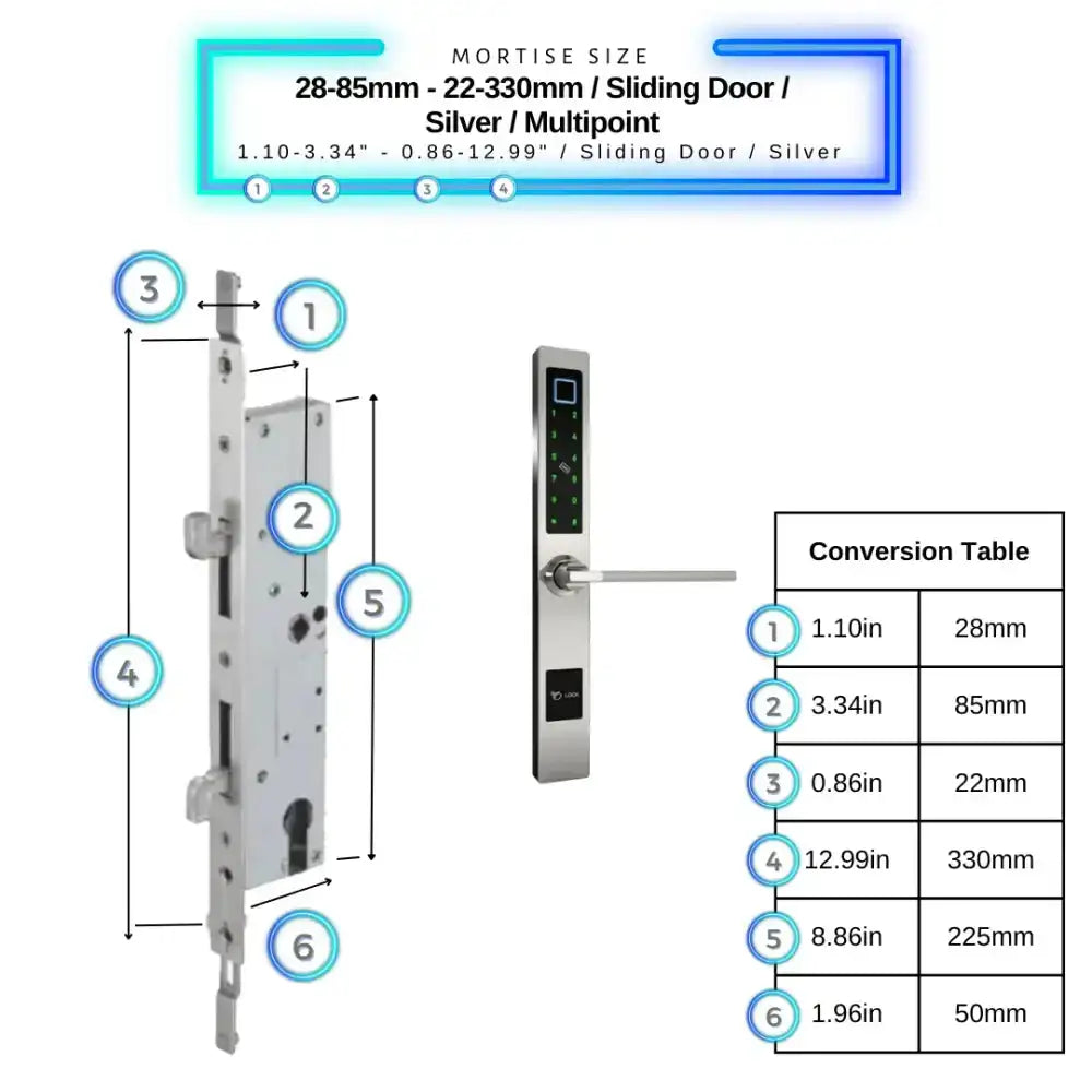 Smart Door Lock Sleek - 28-85mm (22x330mm) Sliding Door Multipoint / Silver - Smart Lock