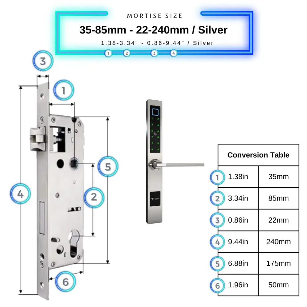 Smart Door Lock Sleek - 35-85mm (22x240mm) Swing Door / Silver - Smart Lock