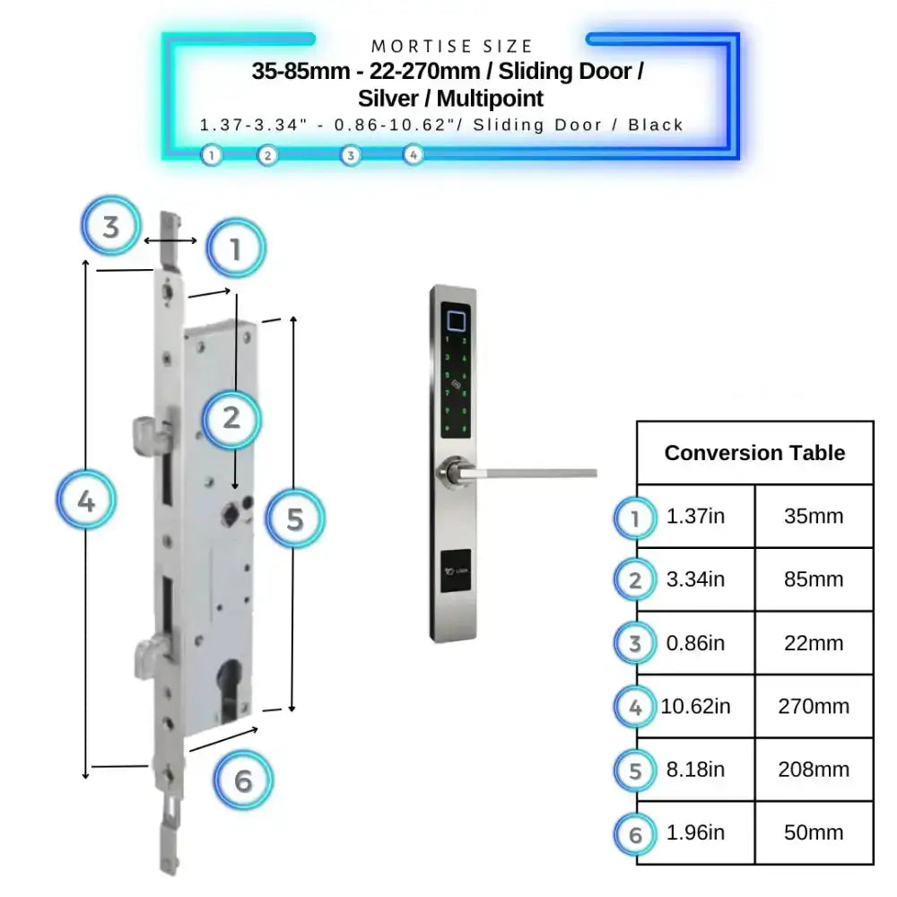 Smart Door Lock Sleek - 35-85mm (22x270mm) Sliding Door Multipoint / Silver - Smart Lock