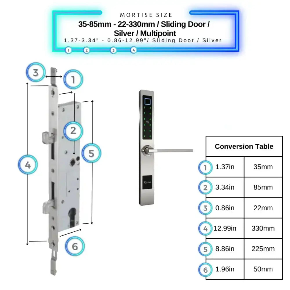 Smart Door Lock Sleek - 35-85mm (22x330mm) Sliding Door Multipoint / Silver - Smart Lock