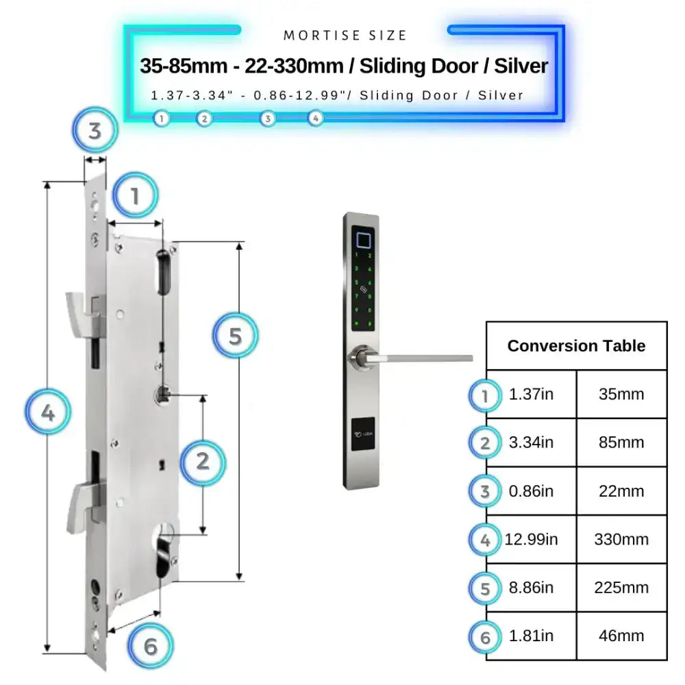 Smart Door Lock Sleek - 35-85mm (22x330mm) Sliding Door / Silver - Smart Lock