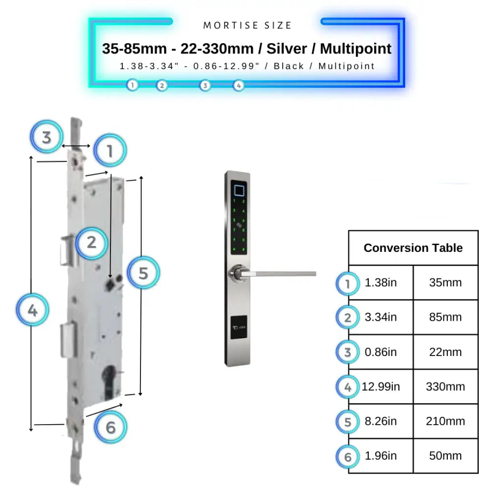 Smart Door Lock Sleek - 35-85mm (22x330mm) Swing Door Multipoint / Silver - Smart Lock