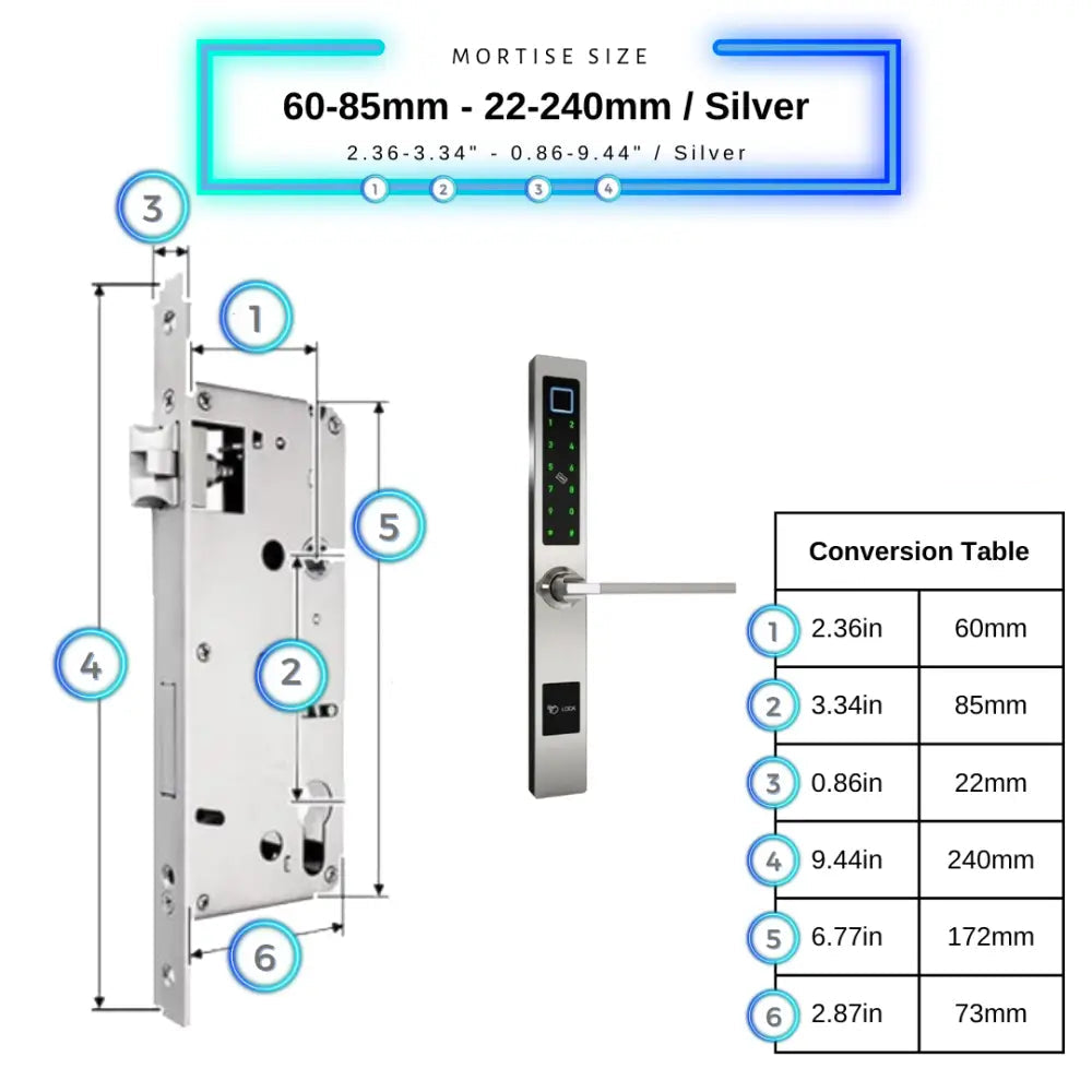 Smart Door Lock Sleek - 60-85mm (22x240mm) Swing Door / Silver - Smart Lock