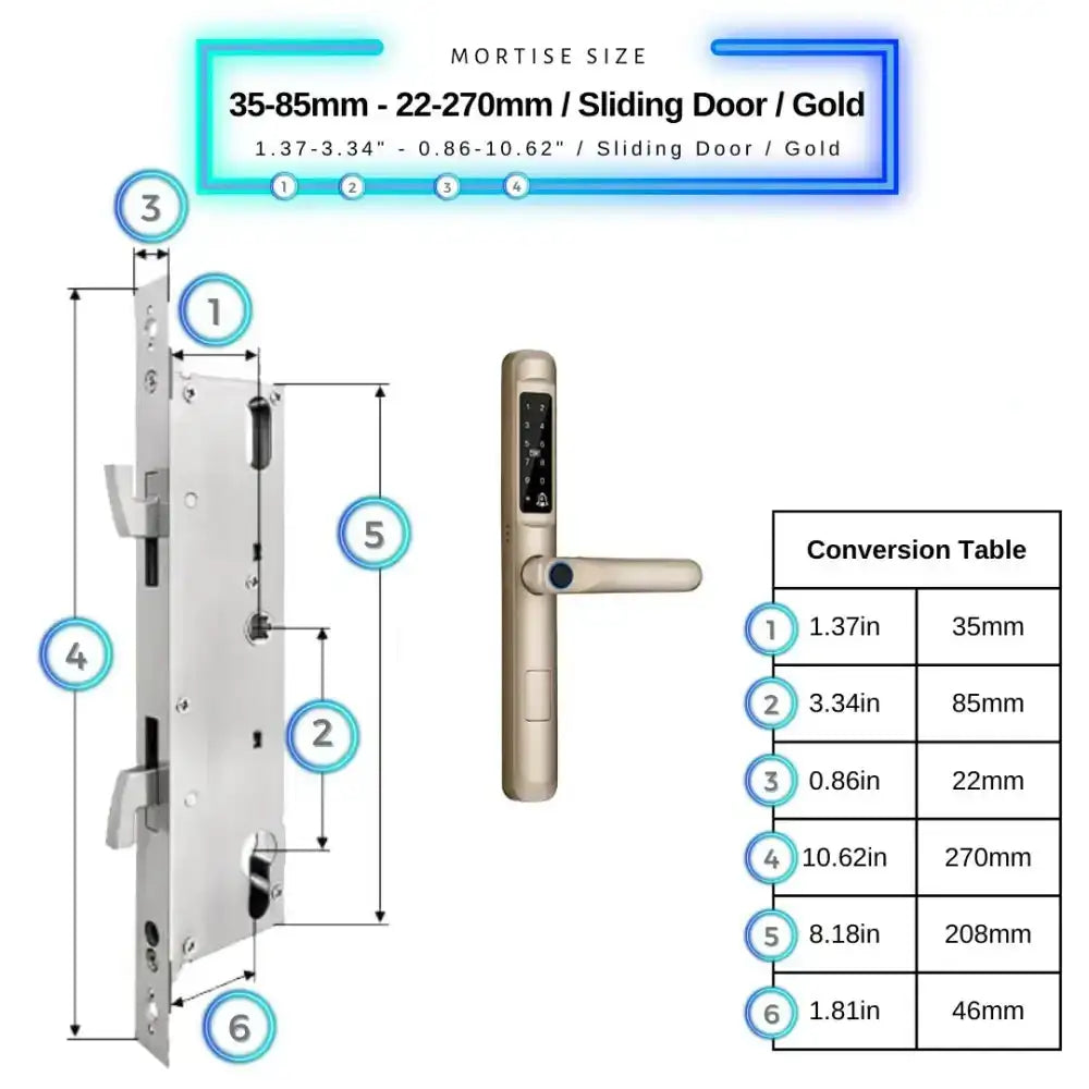 Smart Door Lock Slim - 35-85mm (22x270mm) Sliding Door / Gold - Smart Lock