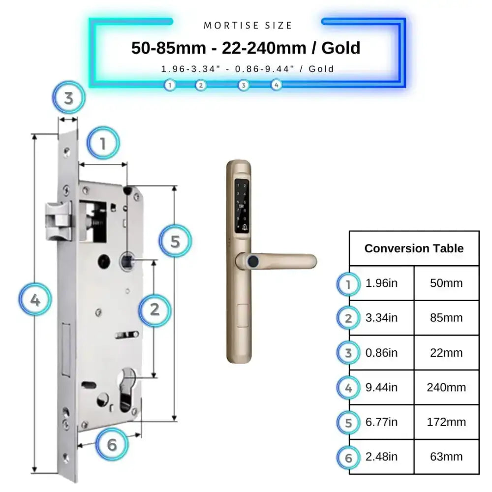 Smart Door Lock Slim - 50-85mm (22x240mm) / Gold - Smart Lock