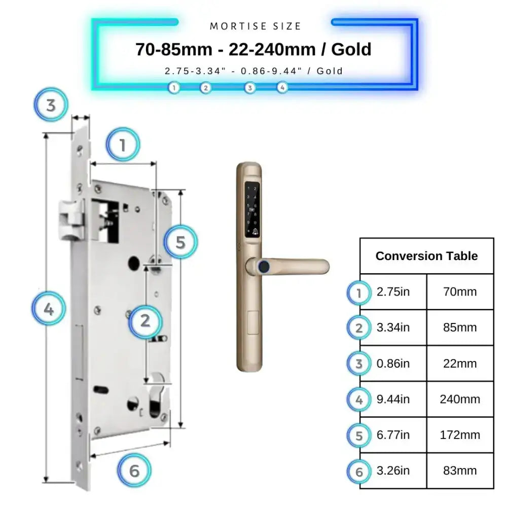 Smart Door Lock Slim - 70-85mm (22x240mm) / Gold - Smart Lock