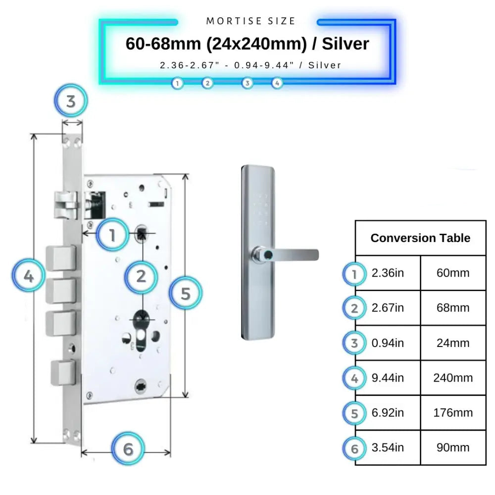 Smart Door Lock Thick - 60-68mm (24x240mm) / Silver - Smart Lock