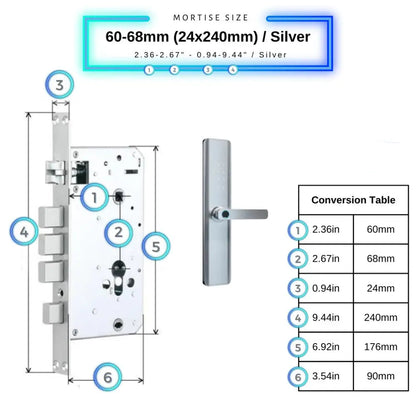 Smart Door Lock Thick - 60-68mm (24x240mm) / Silver - Smart Lock