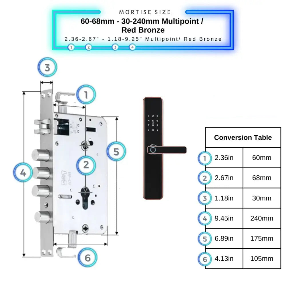 Smart Door Lock Thick - 60-68mm (30x240mm) Multipoint / Red Bronze - Smart Lock