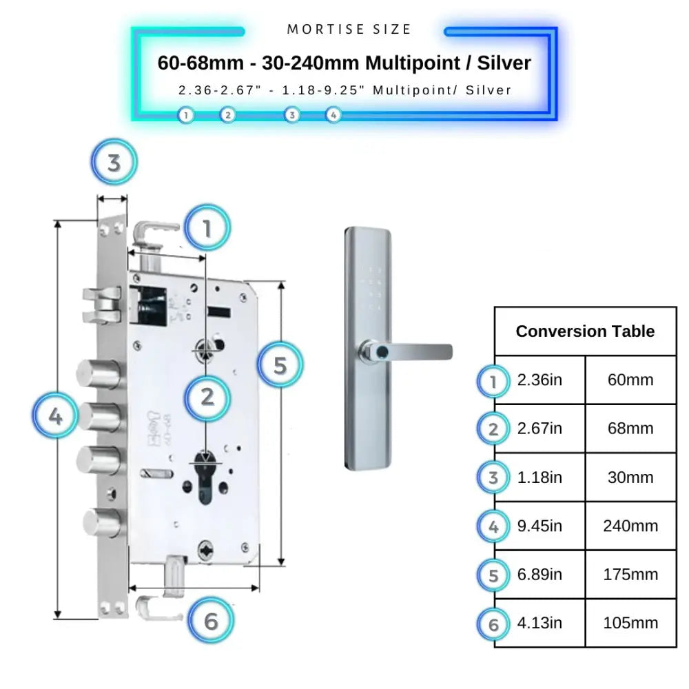Smart Door Lock Thick - 60-68mm (30x240mm) Multipoint / Silver - Smart Lock