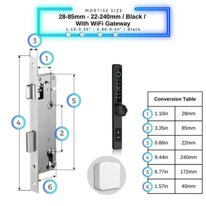 Smart Door Lock Thin - 28-85mm (22x240mm) / Black / With WiFi Gateway - Smart Door Lock
