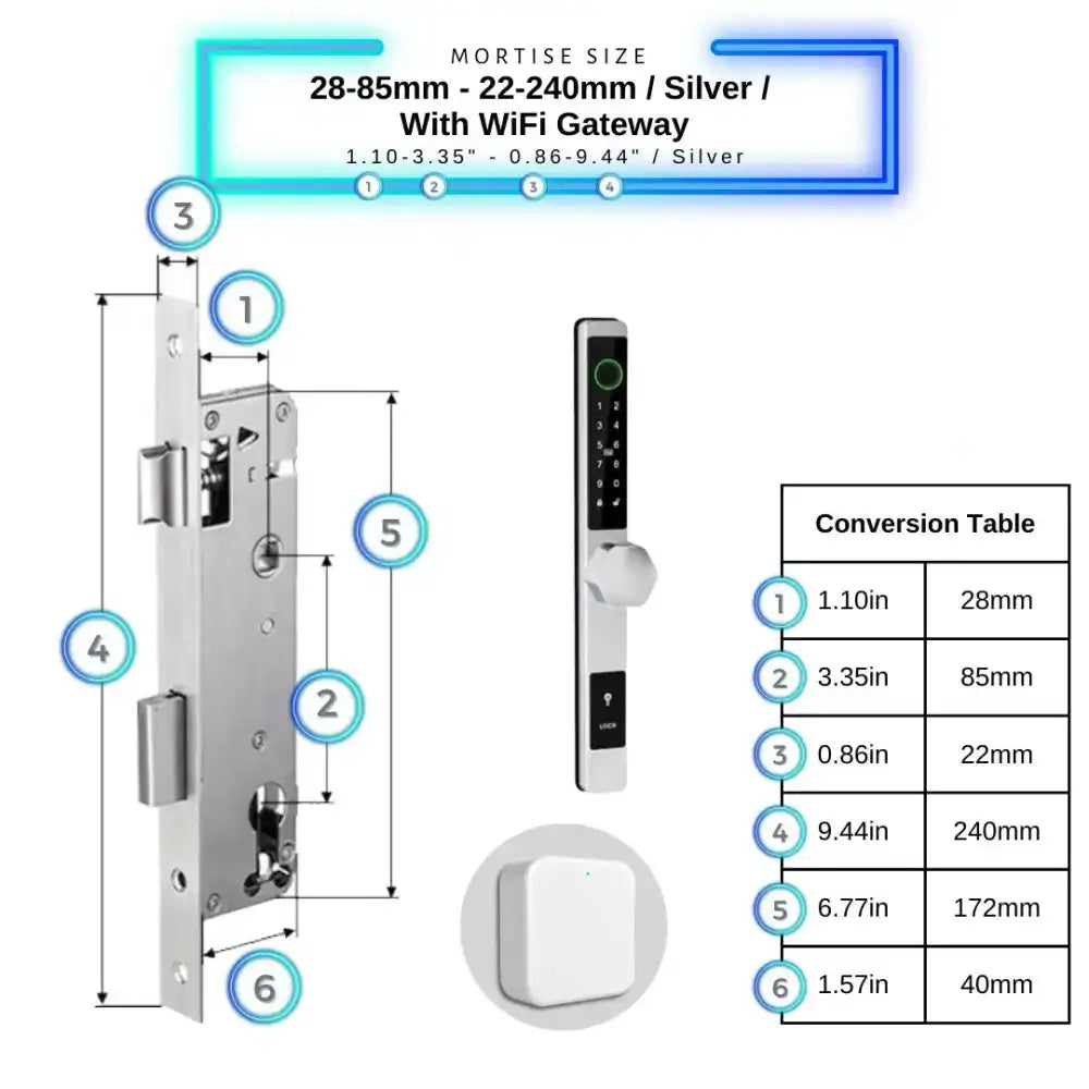 Smart Door Lock Thin - 28-85mm (22x240mm) / Silver / With WiFi Gateway - Smart Door Lock