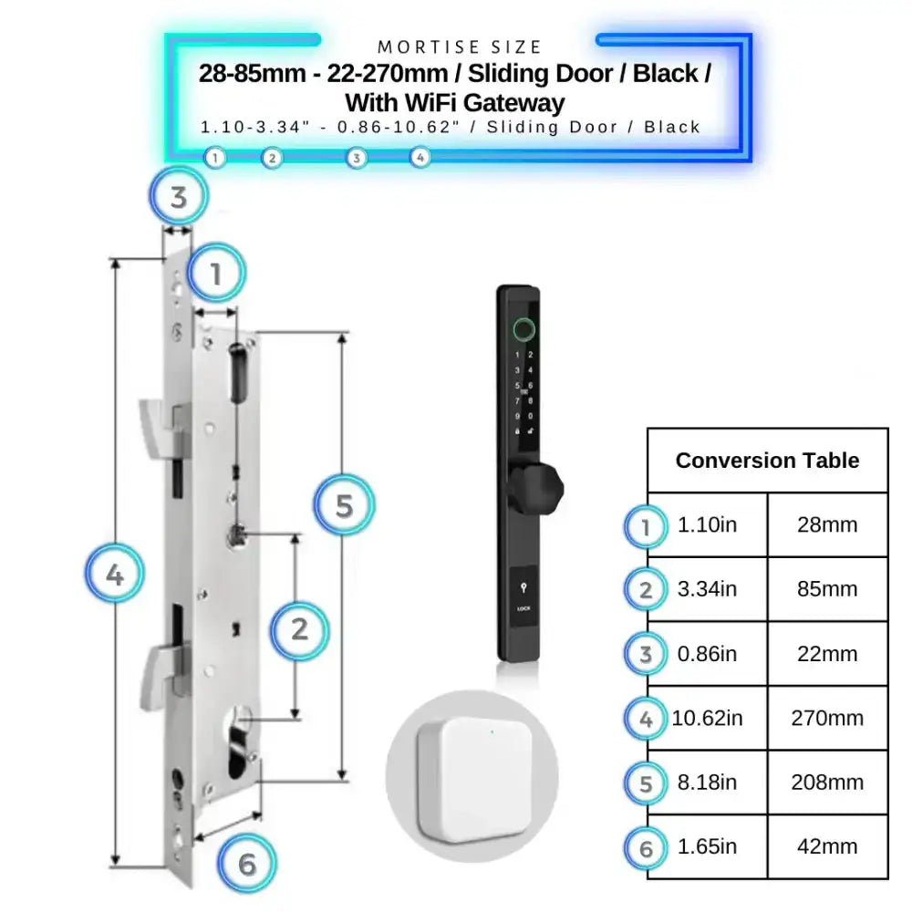 Smart Door Lock Thin - 28-85mm (22x270mm) Sliding Door / Black / With WiFi Gateway - Smart Door Lock
