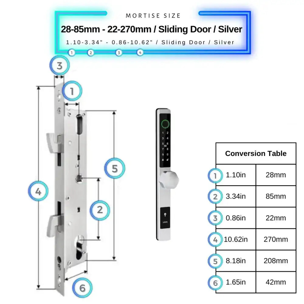 Smart Door Lock Thin - 28-85mm (22x270mm) Sliding Door / Silver / No WiFi Gateway - Smart Door Lock