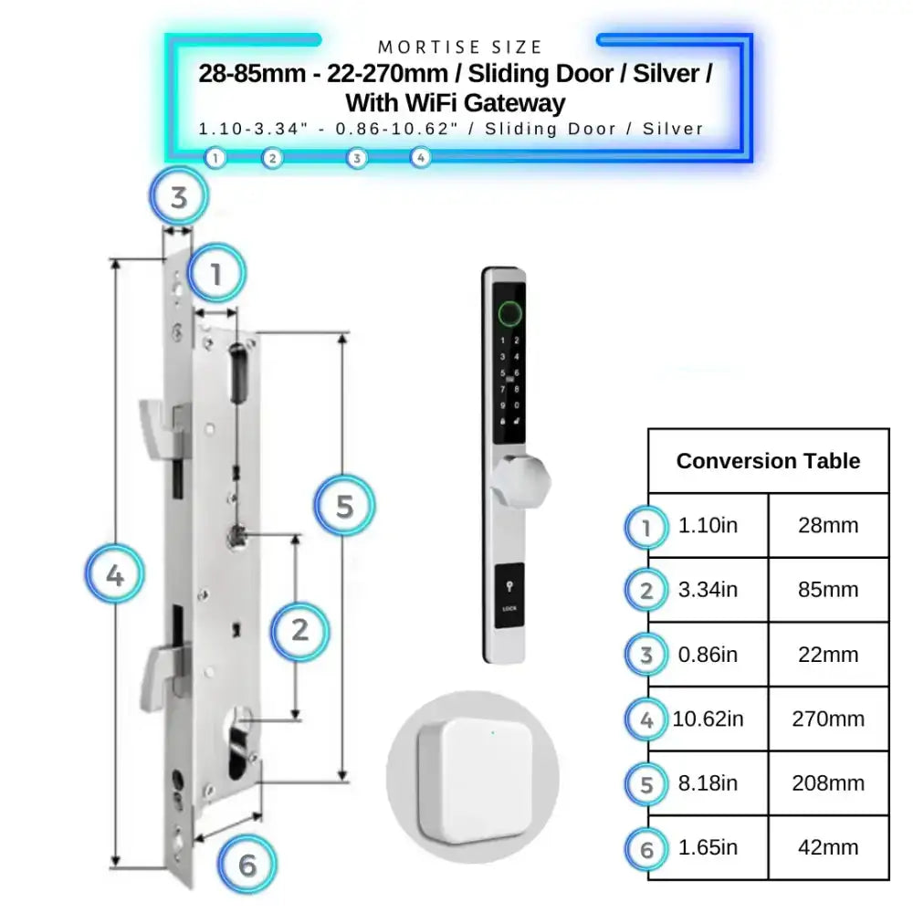 Smart Door Lock Thin - 28-85mm (22x270mm) Sliding Door / Silver / With WiFi Gateway - Smart Door Lock