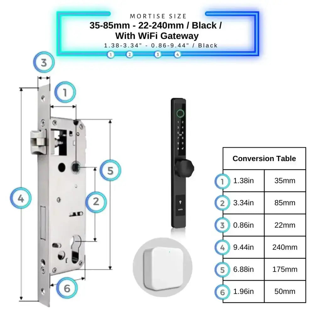 Smart Door Lock Thin - 35-85mm (22x240mm) / Black / With WiFi Gateway - Smart Door Lock