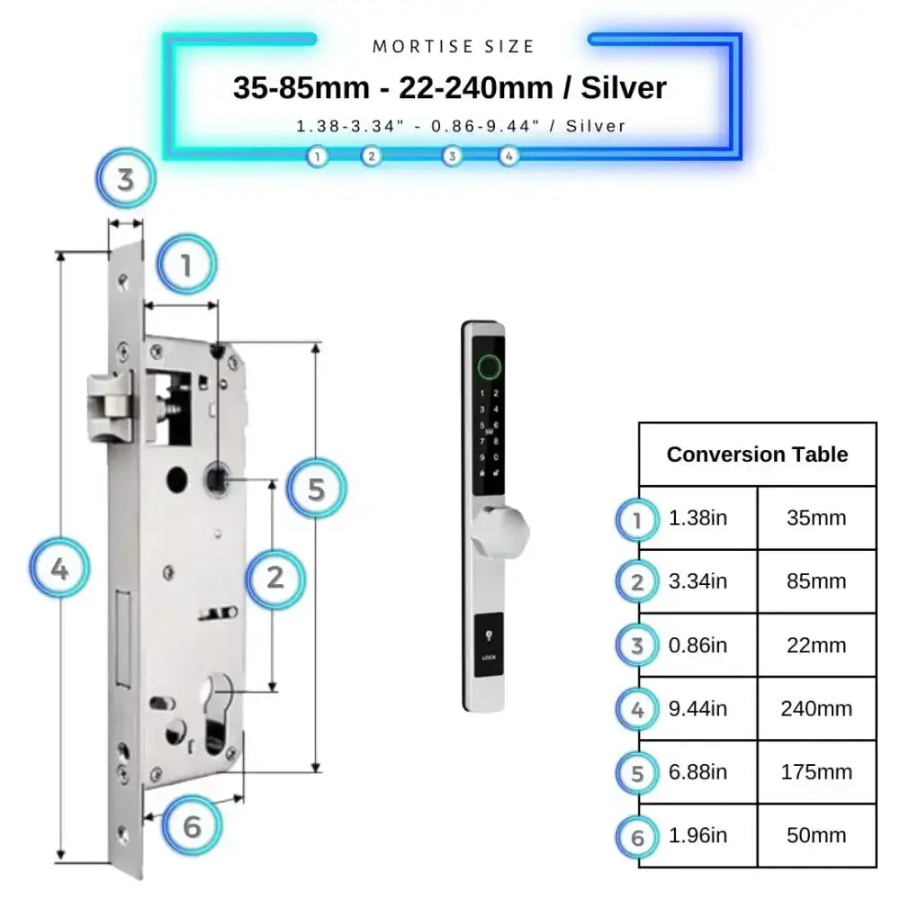 Smart Door Lock Thin - 35-85mm (22x240mm) / Silver / No WiFi Gateway - Smart Door Lock