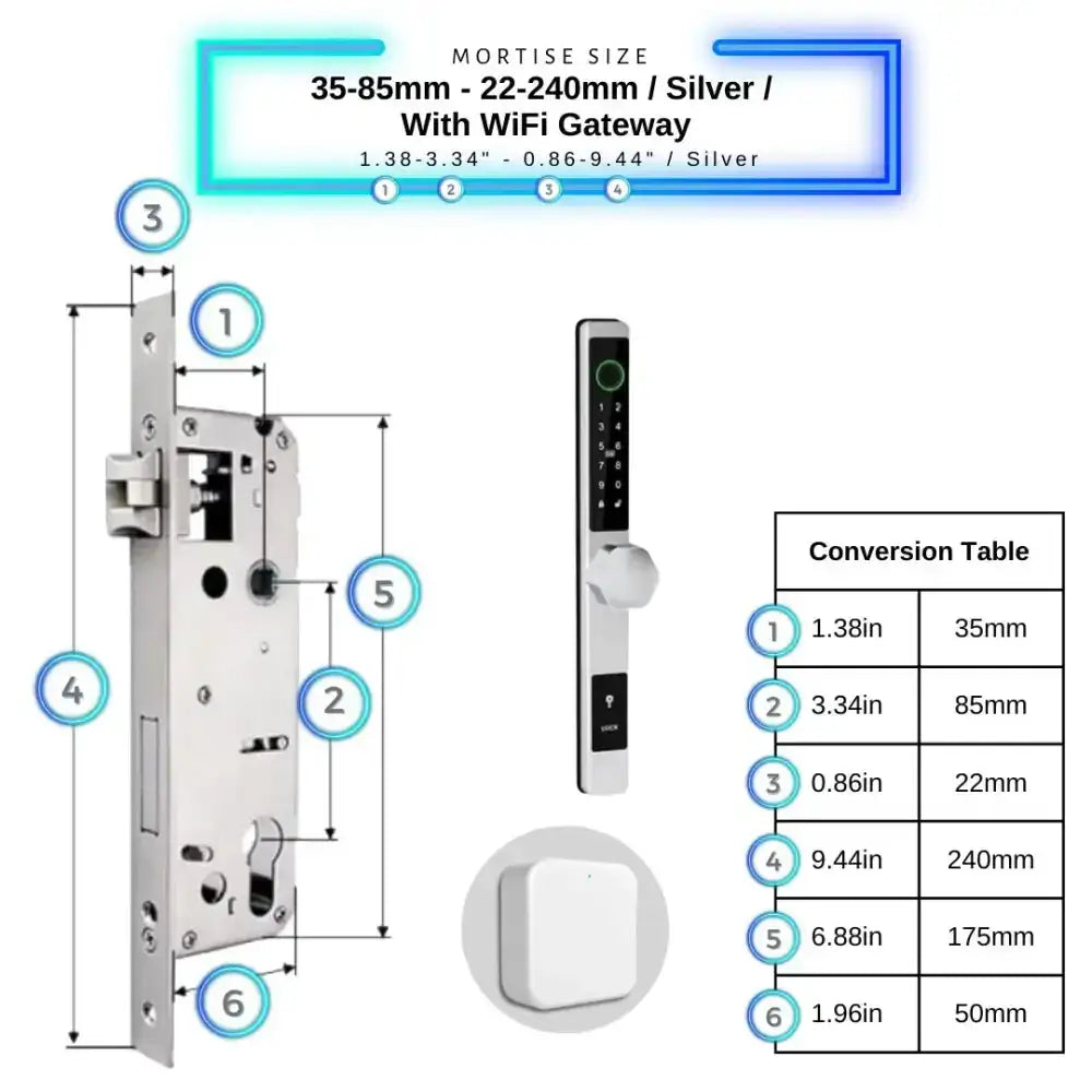 Smart Door Lock Thin - 35-85mm (22x240mm) / Silver / With WiFi Gateway - Smart Door Lock