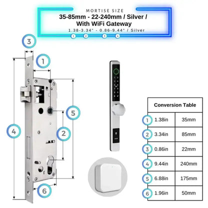Smart Door Lock Thin - 35-85mm (22x240mm) / Silver / With WiFi Gateway - Smart Door Lock